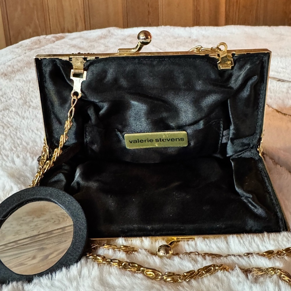 Valerie Stevens Black Beaded Evening Clutch with Gold Chain Strap - Picture 3 of 4